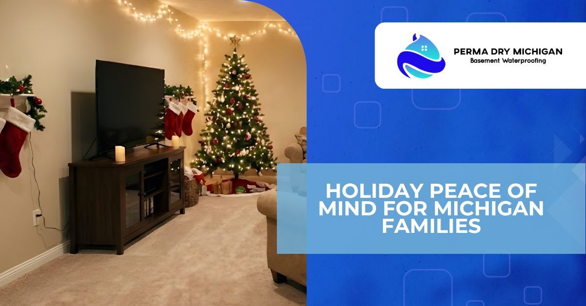 A cozy, warmly lit living room decorated for the Christmas holidays. In the center stands a fully decorated Christmas tree adorned with colorful ornaments, lights, and a star on top, surrounded by wrapped presents at its base. String lights drape along the walls and ceiling, creating a festive glow. A large flat-screen TV sits on a dark wooden entertainment console with glass doors, flanked by holiday stockings hung on a nearby shelf. Additional decorations include candles, a basket of gifts, and a comfortable couch with throw pillows in the foreground. The room features beige carpet, wooden furniture, and a neutral wall color, evoking a peaceful holiday atmosphere. In the top right corner, a blue graphic overlay includes the Perma Dry Michigan logo and text promoting "Holiday Peace of Mind for Michigan Families" with a focus on basement waterproofing services.