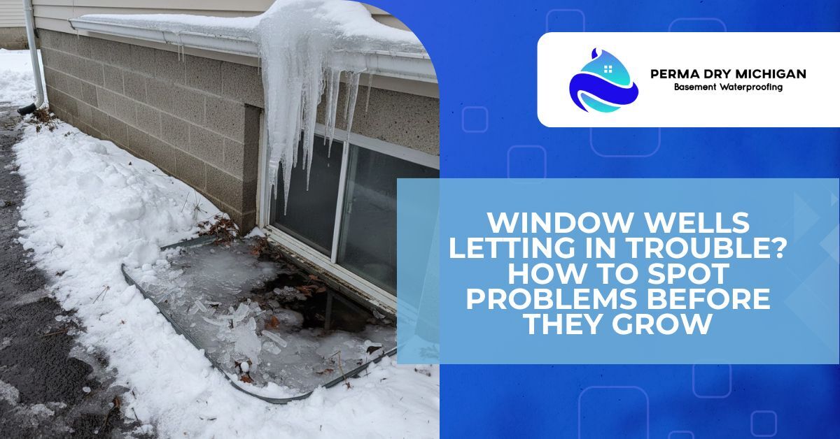 A basement window well covered in snow and ice, with large icicles hanging from the roof gutter above a concrete block foundation. The window well is filled with melted ice and debris, showing water pooling near the bottom, indicating potential water intrusion problems in winter. Snow blankets the ground around the home's exterior.