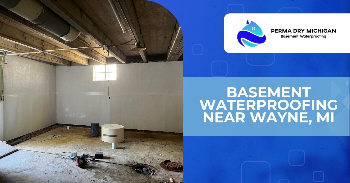 Advertisement for Perma Dry Michigan Basement Waterproofing services near Wayne, MI. The left side shows a basement with light-colored walls, a visible drainage system, and renovation equipment, including a sump pump. The right side features a blue graphic with the company logo, 'Perma Dry Michigan,' and bold text reading 'Basement Waterproofing Near Wayne, MI.
