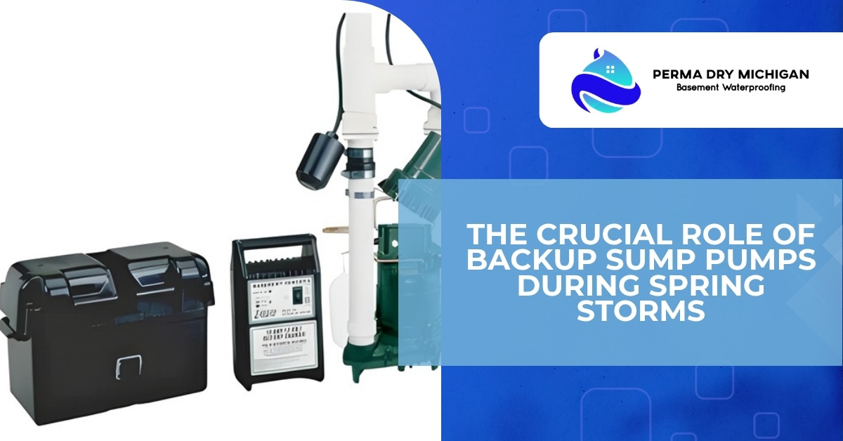 Promotional graphic by Perma Dry Michigan Basement Waterproofing, showcasing a sump pump system with a battery backup and control unit on the left, alongside a blue overlay emphasizing the importance of backup sump pumps during spring storms.