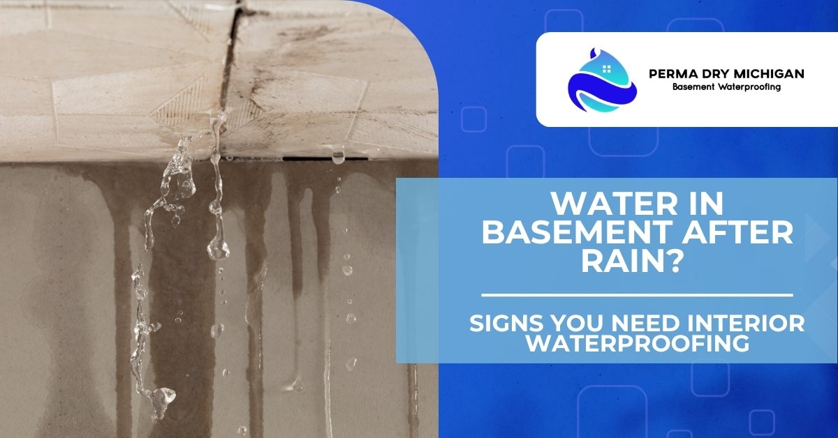 Promotional banner for Perma Dry Michigan showing water leaking down a basement wall beside the headline “Water in Basement After Rain? Signs You Need Interior Waterproofing” on a blue background.