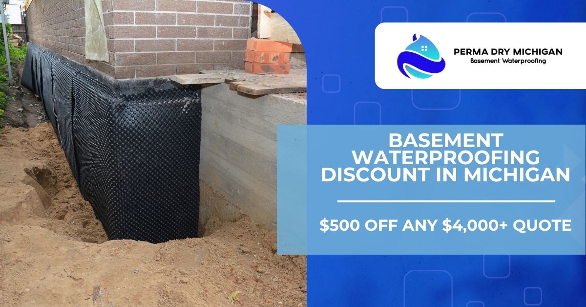 Promotional graphic for Perma Dry Michigan showing exterior basement waterproofing work beside a home, with text offering $500 off any $4,000+ quote in Michigan.
