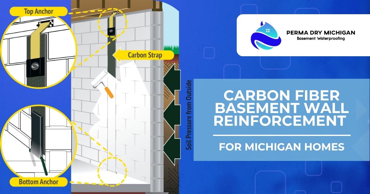 Educational marketing graphic from Perma Dry Michigan showing a basement block wall reinforced with a vertical carbon fiber strap, plus labeled top and bottom anchors and arrows indicating soil pressure from outside. With the Perma Dry Michigan logo in the top right corner, with the text "Carbon Fiber Basement Wall Reinforcement for Michigan Homes" written below it in the middle of the image.