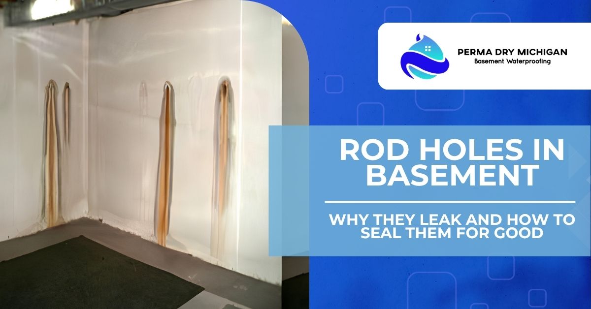 Promotional graphic for Perma Dry Michigan basement waterproofing showing a basement wall with rust-colored water stains from tie rod holes and text reading “Rod Holes in Basement: Why They Leak and How to Seal Them for Good.”